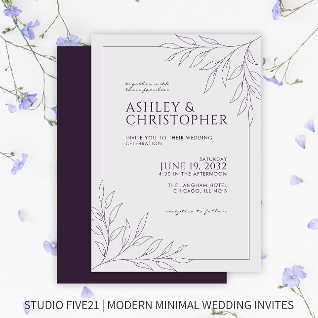 Modern Dark Purple Foliage Outline Wedding Invitation (Creator Uploaded)