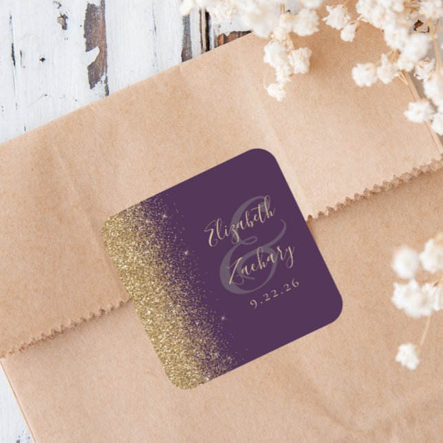 Modern Dark Purple Gold Glitter Edge Wedding Square Sticker (Creator Uploaded)