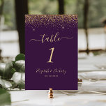 Modern Dark Purple Gold Glitter Edge Wedding Table Number<br><div class="desc">The top edge of this elegant modern wedding table number features a gold faux glitter design. The customisable text combines pale gold-coloured handwriting,  copperplate and italic fonts on a dark purple background.</div>