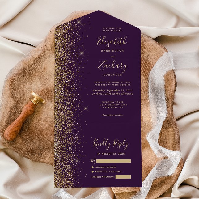 Modern Dark Purple Gold Glitter Wedding All In One Invitation (Creator Uploaded)