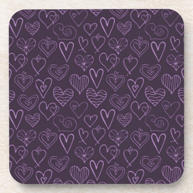Modern Dark Purple Hearts Pattern Coaster (Front)