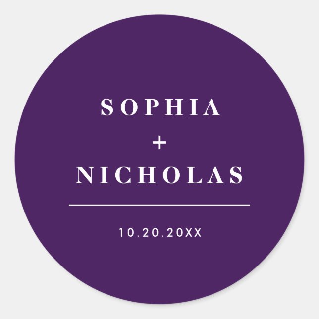 Modern Dark Purple Minimal Elegant Wedding Classic Round Sticker (Front)