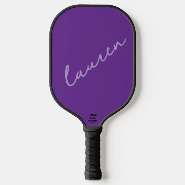 Modern Dark Purple Pink Script Name  Pickleball Paddle (Front)