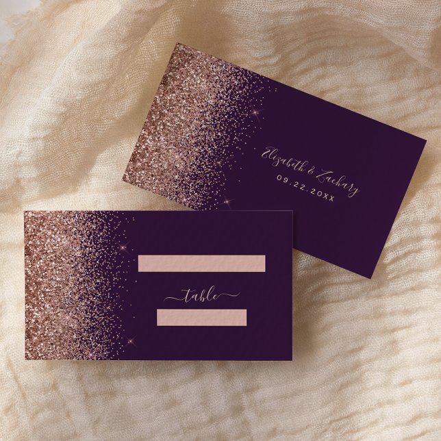 Modern Dark Purple Rose Gold Glitter Wedding Place Card (Creator Uploaded)