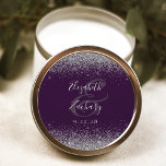 Modern Dark Purple Silver Glitter Edge Wedding Classic Round Sticker<br><div class="desc">This elegant modern wedding sticker features a faux silver glitter design on the top and bottom edge. Easily customise the silver grey text on a dark purple background,  with the names of the couple in handwriting calligraphy over a large ampersand.</div>