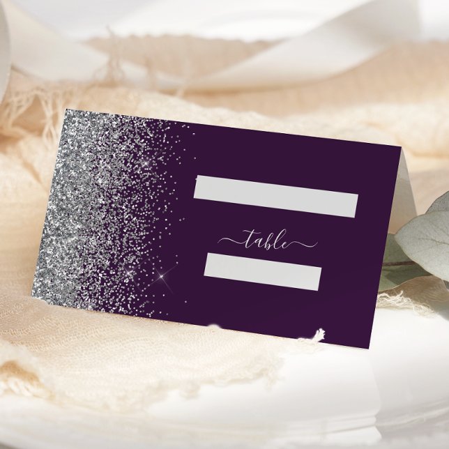 Modern Dark Purple Silver Glitter Edge Wedding Place Card (Creator Uploaded)