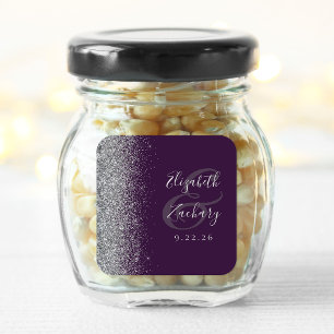 Modern Dark Purple Silver Glitter Edge Wedding Square Sticker