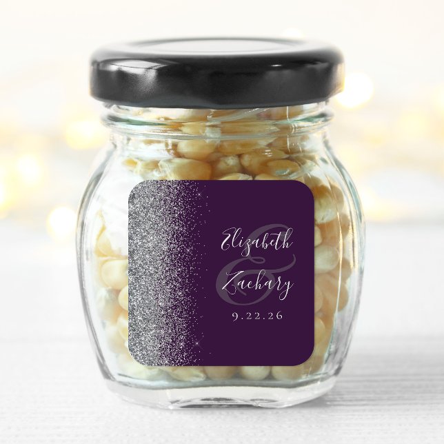 Modern Dark Purple Silver Glitter Edge Wedding Square Sticker (Creator Uploaded)