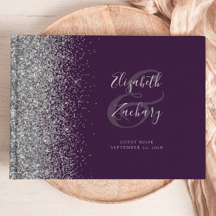 Modern Dark Purple Silver Glitter Script Guest Book