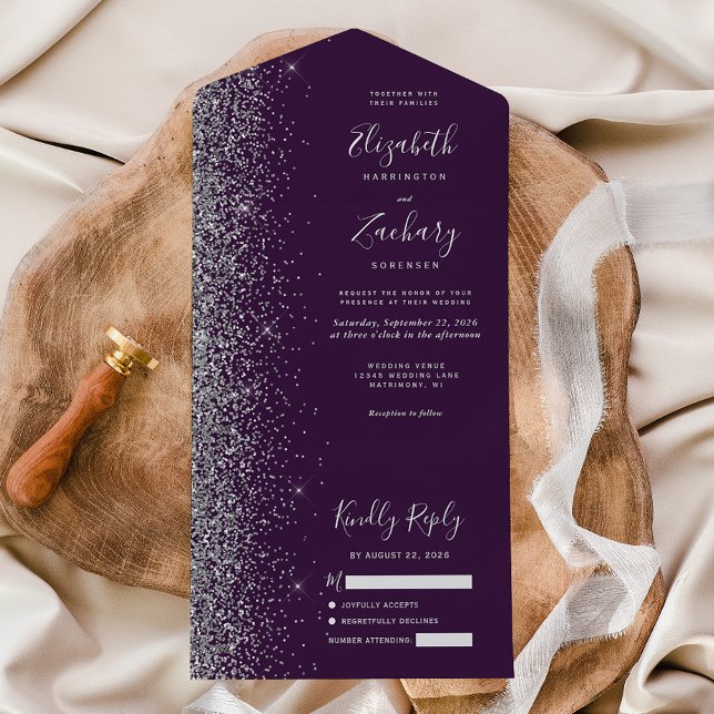 Modern Dark Purple Silver Glitter Wedding All In One Invitation (Creator Uploaded)