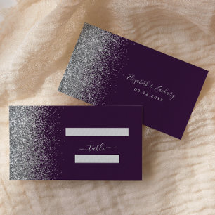 Modern Dark Purple Silver Glitter Wedding Place Card