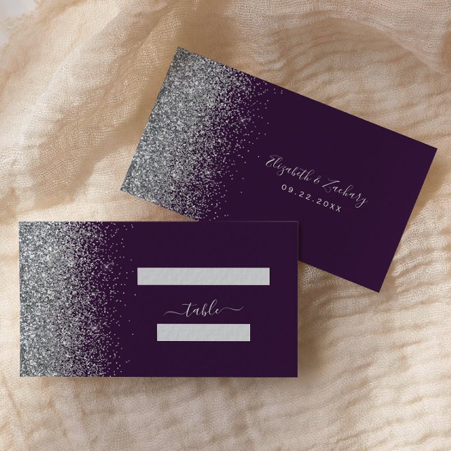 Modern Dark Purple Silver Glitter Wedding Place Card (Creator Uploaded)