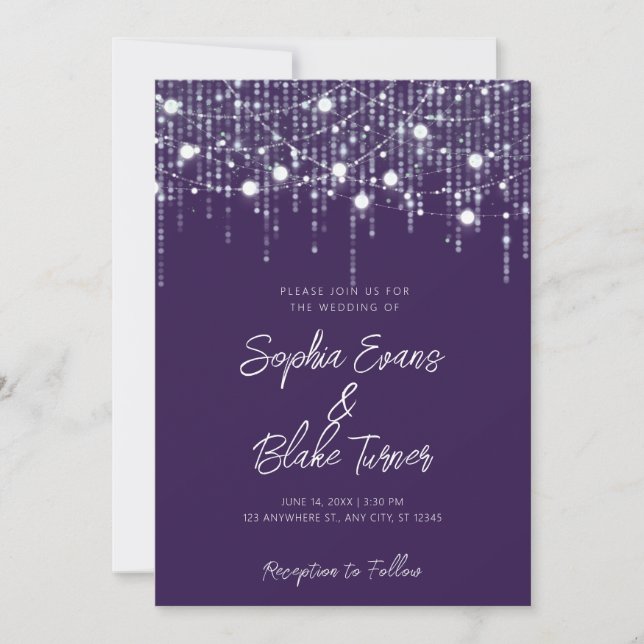 Modern Dark Purple & White Hanging Lights Wedding Invitation (Front)
