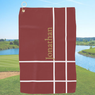 Modern dark red and gold minimalist custom name golf towel
