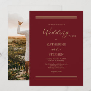 Modern Dark Red   Antique Gold Minimalist Wedding Invitation