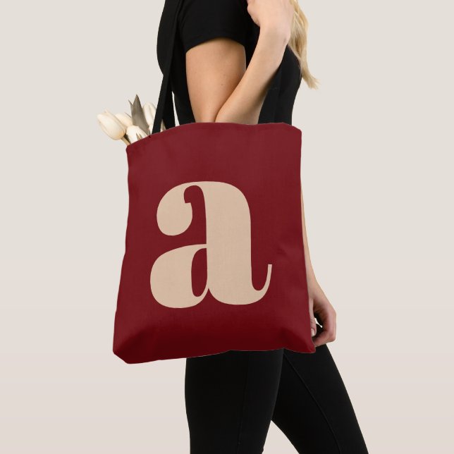 Modern Dark Red Bold Retro Monogram Initial Tote Bag (Close Up)
