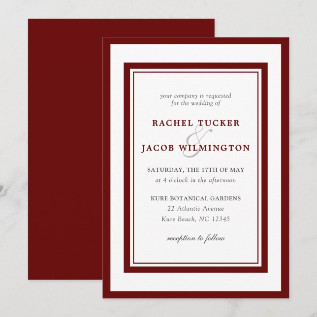 Modern Dark Red Border Wedding Invitation (Front/Back)