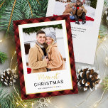 Modern Dark Red Buffalo Plaid Christmas Photo Foil Holiday Card<br><div class="desc">Modern and festive plaid photo holiday card features a favorite vertical photo framed by a border and accents of real gold foil and hand painted watercolor dark red and black buffalo plaid check patterned background. Personalize the custom "Merriest Christmas" text with your preferred wording, family name, and the year. The...</div>