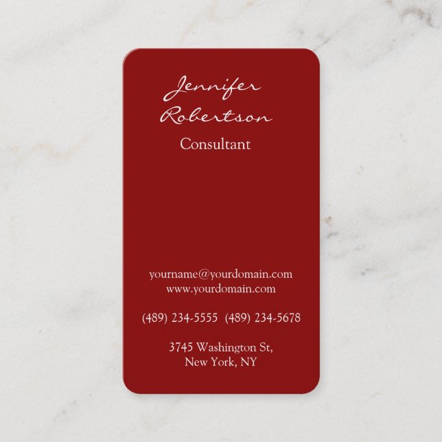 Modern Dark Red Colour Handwriting Plain Unique Business Card (Front)