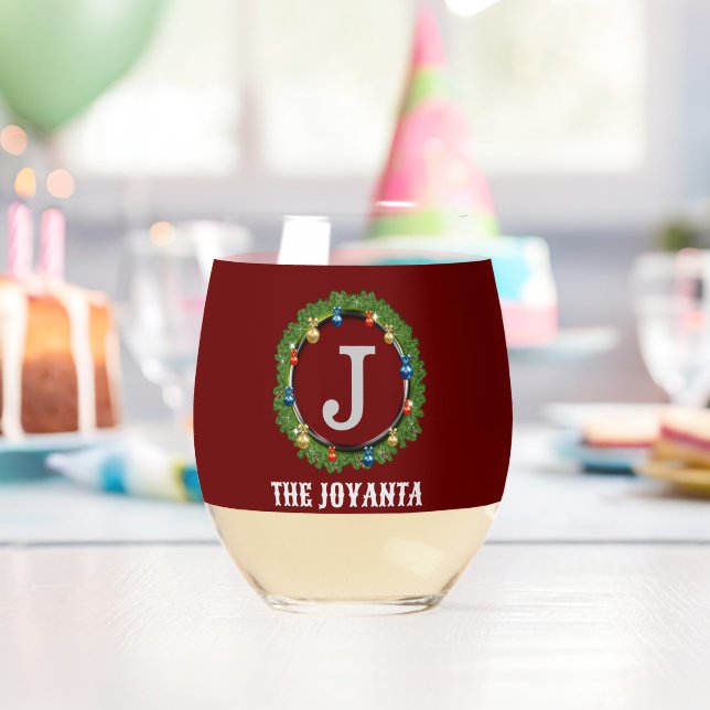 Modern dark red grey monogram stemless wine glass (Insitu (Birthday))