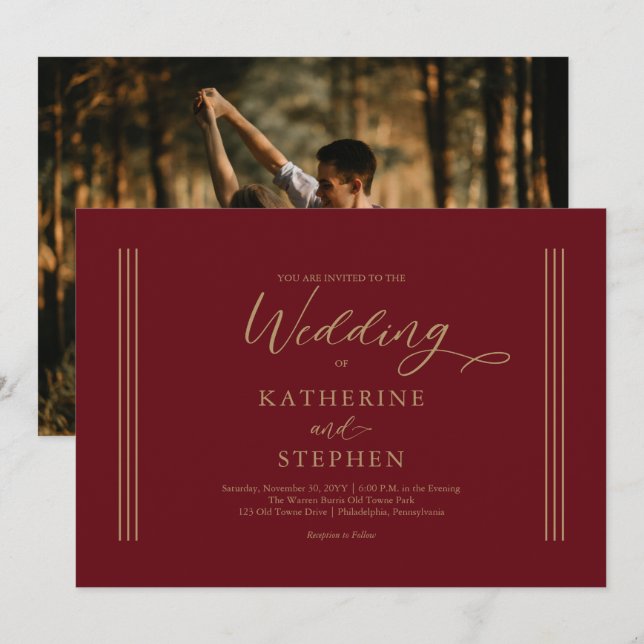 Modern Dark Red Minimalist Wedding Invitation (Front/Back)
