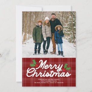 Modern Dark Red Plaid One Photo Merry Christmas Holiday Card