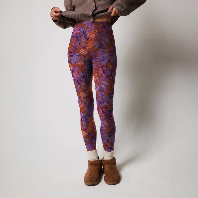 Modern Dark Red Purple Tropical Leaf Pattern Leggings (Modern dark red purple tropical leaf pattern printed leggings design, for yoga, fitness & lifestyle.)