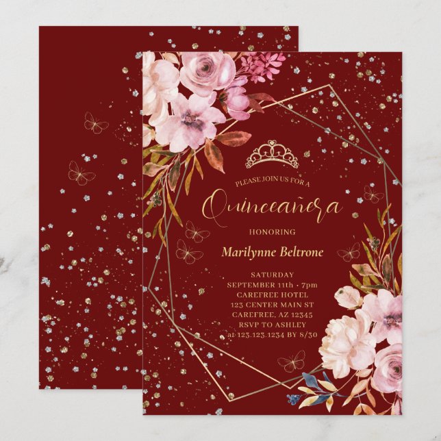 Modern Dark Red Quinceañera Invitation (Front/Back)