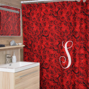Modern Dark Red  Roses Aesthetic Custom Monogram Shower Curtain