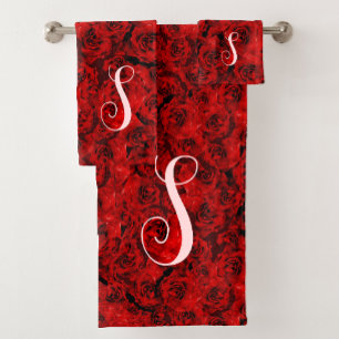 Modern Dark Red Roses Chic Custom Monogram  Bath Towel Set
