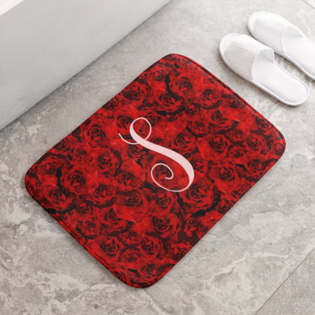 Modern Dark Red Roses Custom Monogram Bath Mat (Creator Uploaded)