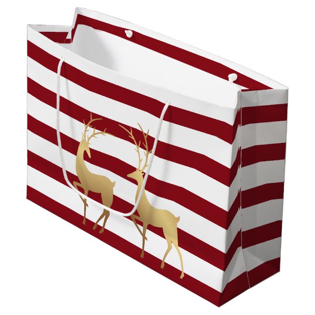 Modern Dark Red Stripes Gold Deer Large Gift Bag (Front Angled)