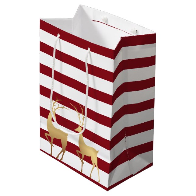 Modern Dark Red Stripes Gold Deer Medium Gift Bag (Front Angled)