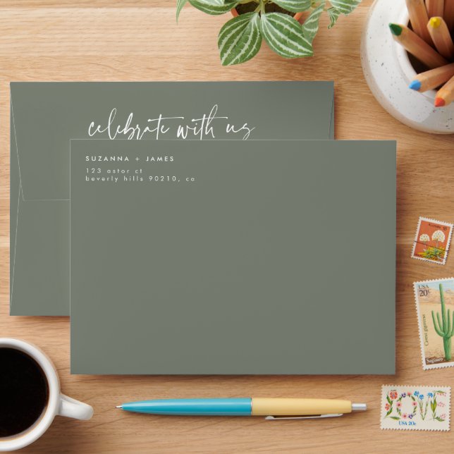 Modern Dark Sage Celebrate with us Script Wedding Envelope (Desk)