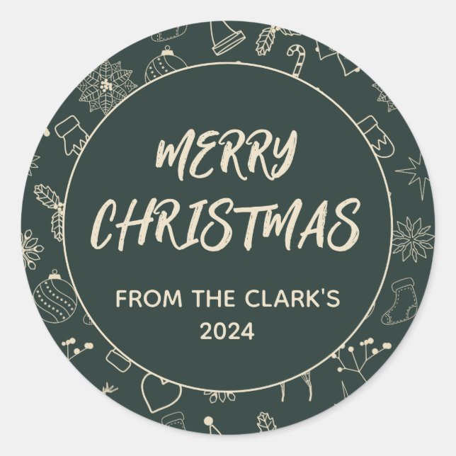 Modern Dark Sage Green Cute Christmas Classic Round Sticker (Front)