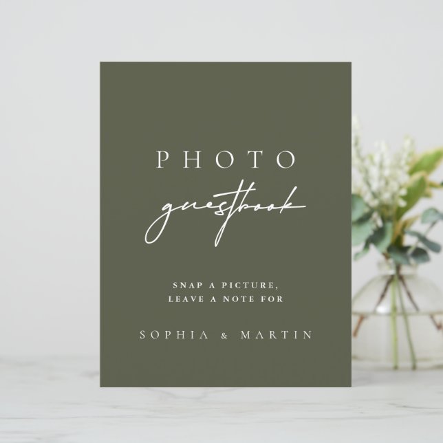 Modern Dark Sage Green Photo Guestbook Sign (Standing Front)