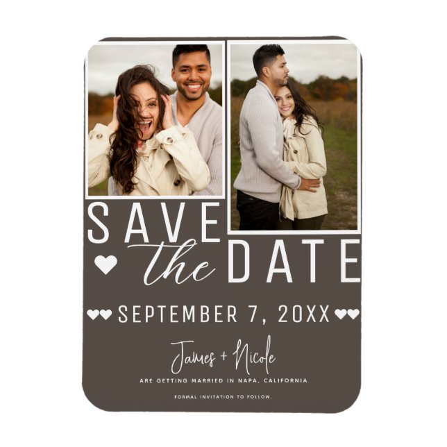 Modern Dark Taupe Save the Date  2 Photo Wedding Magnet (Vertical)