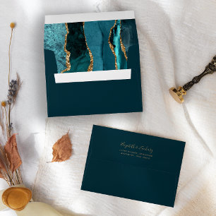 Modern Dark Teal Gold Agate Dark Wedding Envelope