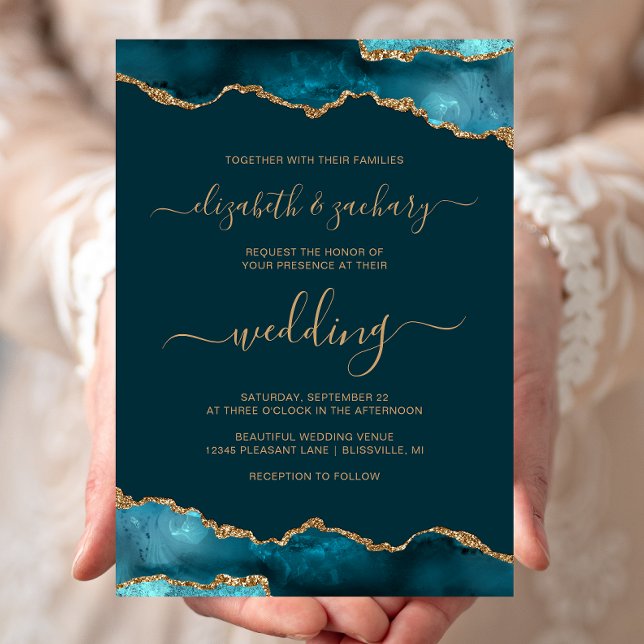 Modern Dark Teal Gold Agate Script Wedding Invitation (Creator Uploaded)