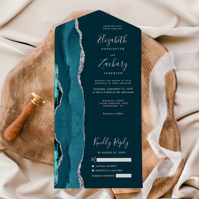 Modern Dark Teal Silver Agate Wedding All In One Invitation (Creator Uploaded)