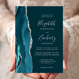 Modern Dark Teal Silver Agate Wedding Invitation