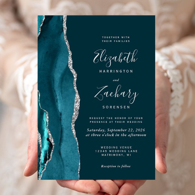 Modern Dark Teal Silver Agate Wedding Invitation (Creator Uploaded)