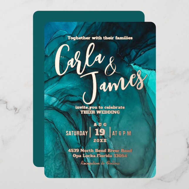 modern Dark Teal watercolor Gold chic wedding  (Front/Back)