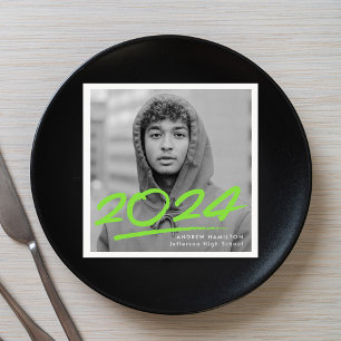 Modern Dashed 2024 Lime Green Photo Graduation Napkin