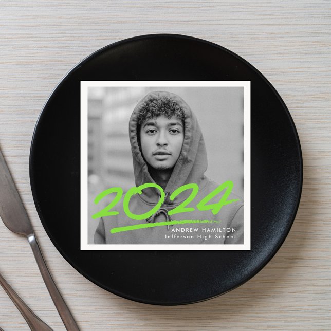 Modern Dashed 2024 Lime Green Photo Graduation Napkin (Creator Uploaded)