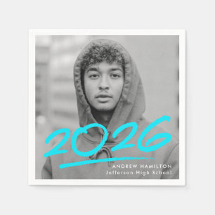 Modern Dashed 2025 Turquoise Photo Graduation Napkin
