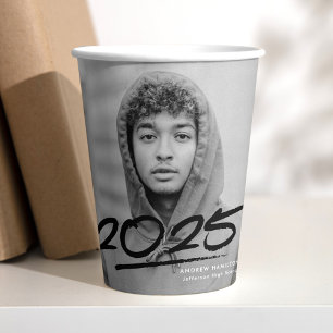 Modern Dashed Black 2025 Photo Graduation Paper Cups