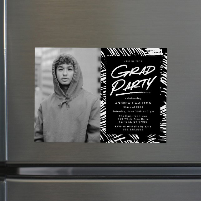 Modern Dashed Black Photo Graduation Party Magnetic Invitation (Creator Uploaded)