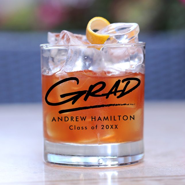 Modern Dashed Grad Black Typography Graduation Whiskey Glass (Creator Uploaded)