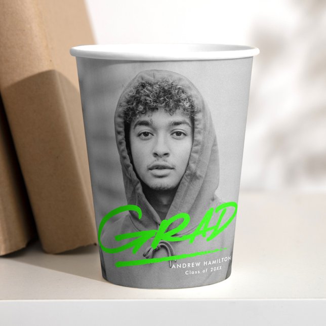 Modern Dashed Grad Lime Green Photo Graduation Paper Cups (Creator Uploaded)